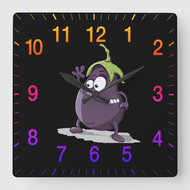 Cartoon eggplant with big eyes green hair 2 square wall clock (Front)
