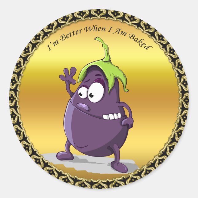Cartoon eggplant with big eyes green hair classic round sticker (Front)