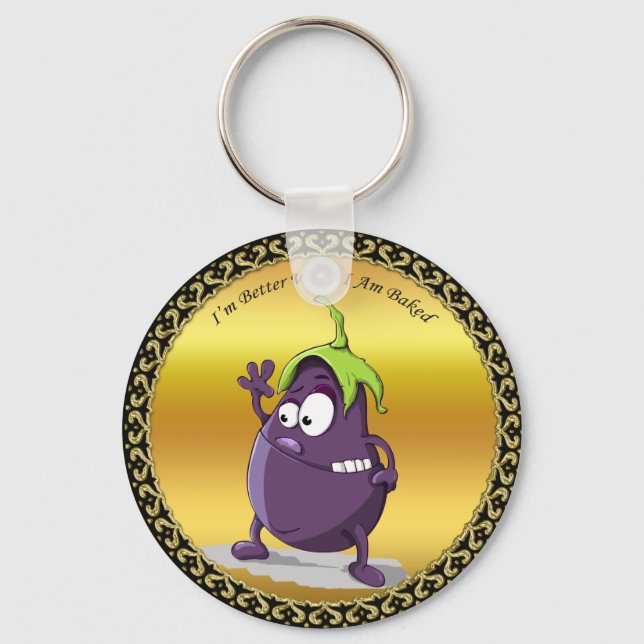 Cartoon eggplant with big eyes green hair key ring (Front)