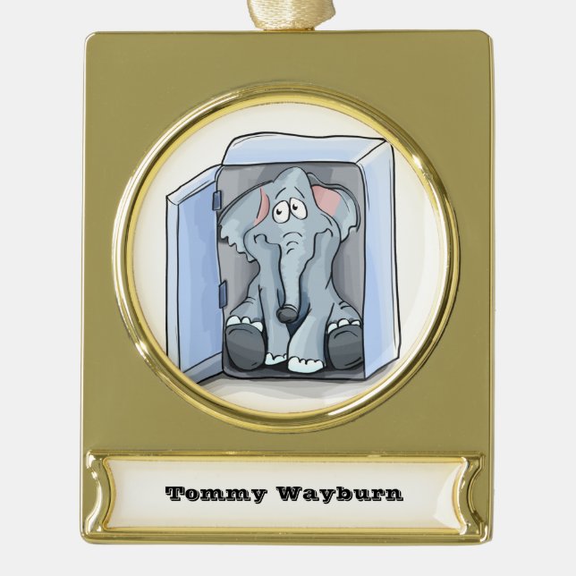 Cartoon elephant sitting inside a refrigerator gold plated banner ornament (Front)