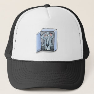 Cartoon elephant sitting inside a refrigerator trucker hat