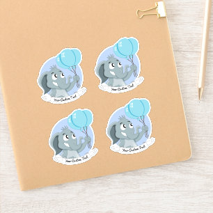 Cartoon elephant with blue balloons and text stick