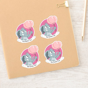 Cartoon elephant with pink balloons and text