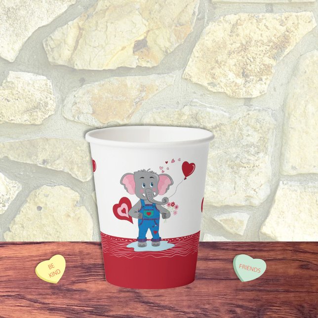 Cartoon Elephants | Hearts Red and White Paper Cup (Adorable red and white paper cups with a cartoon elephant holding flowers . )