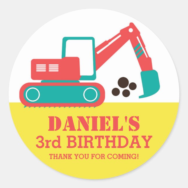 Cartoon Excavator Children Birthday Party Stickers (Front)