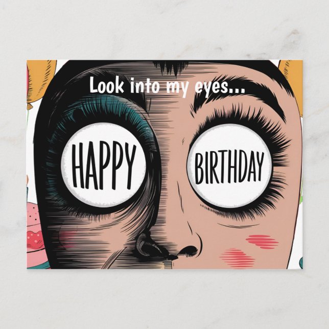 Cartoon face big eyes happy birthday in eyes postcard (Front)