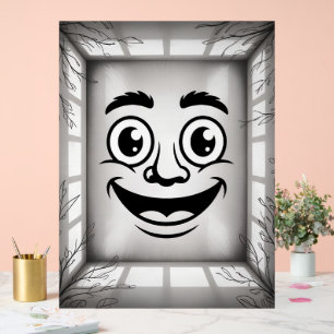 cartoon face illustration features large, expressi acrylic sign