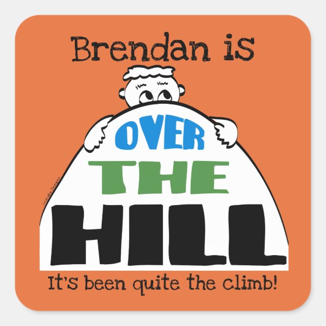 Cartoon Face Over the Hill Personalised Birthday Square Sticker (Front)