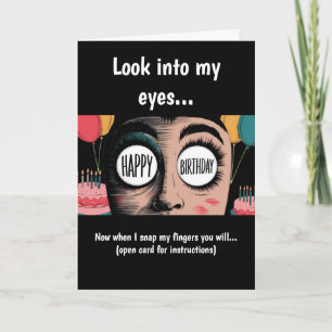 Cartoon face with happy birthday in eyes  card