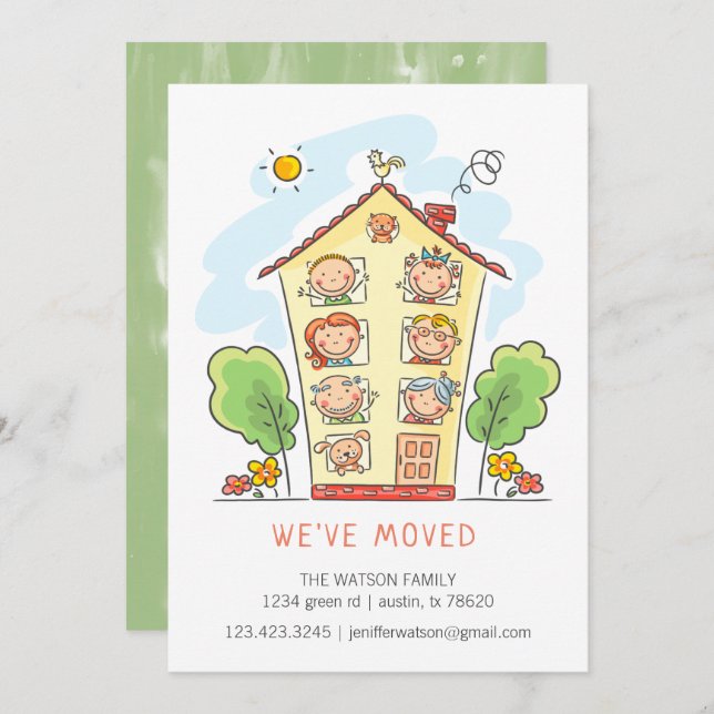Cartoon Family Home Moving Announcement Card (Front/Back)