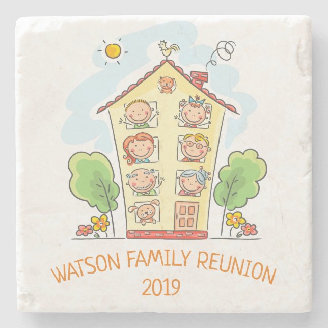 Cartoon Family Reunion Monogram Stone Coaster (Front)