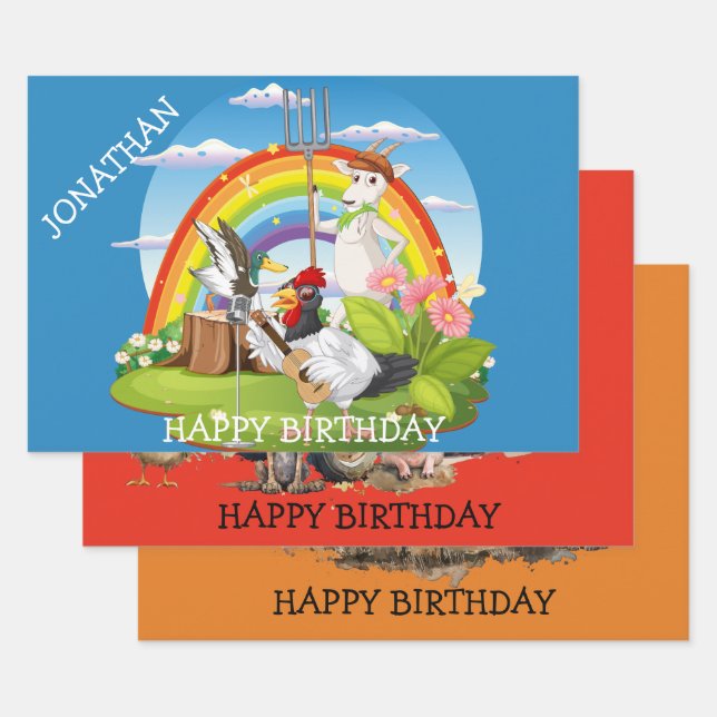 Cartoon Farm Animals. Editable x 3 Wrapping Paper Sheet (Set)