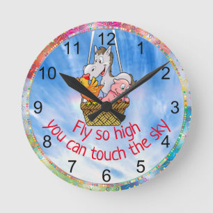 Cartoon Farm Animals Fly So High Touch the Sky Round Clock