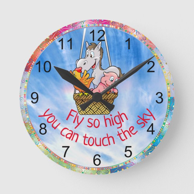 Cartoon Farm Animals Fly So High Touch the Sky Round Clock (Front)