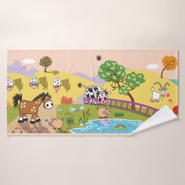 cartoon farm animals in the countryside bath towel set (Bath Towel)