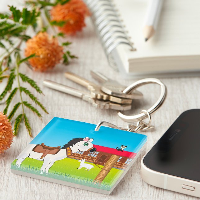 Cartoon Farm Scene with Horse Cat and Goat  Key Ring (Creator Uploaded)