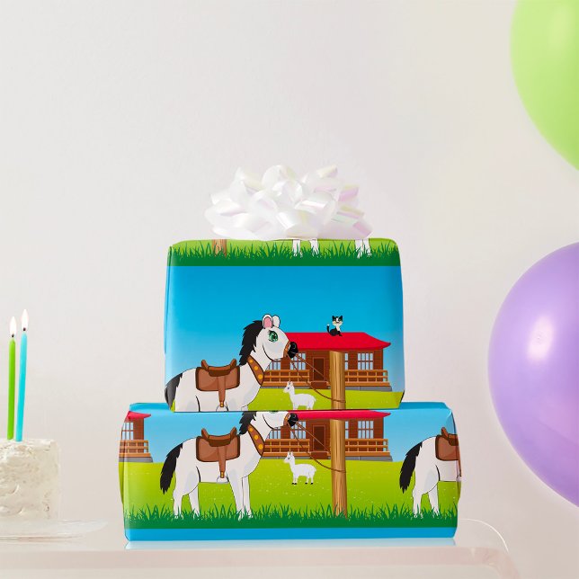 Cartoon Farm Scene with Horse Cat and Goat  Wrapping Paper (Creator Uploaded)