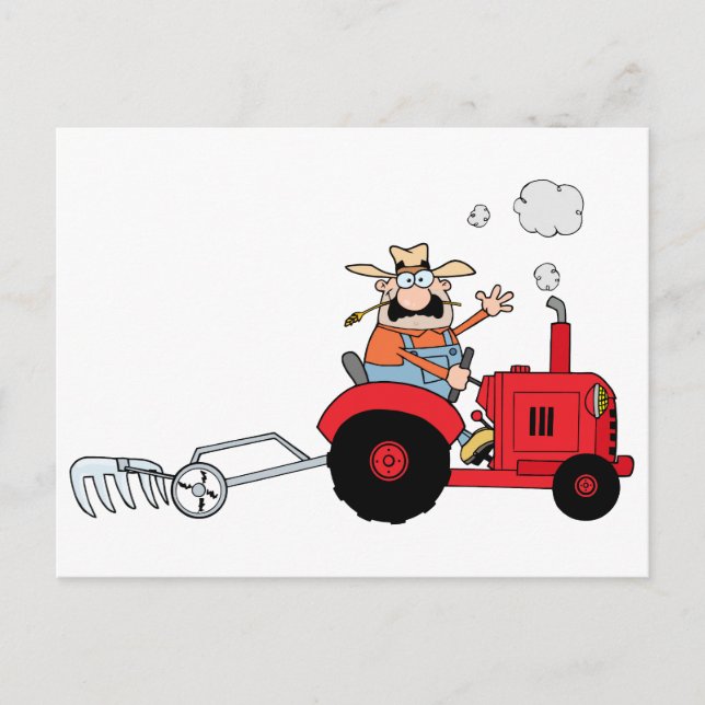 Cartoon Farmer Driving A Red Tractor Postcard (Front)