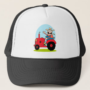 cartoon farmer riding a red tractor trucker hat