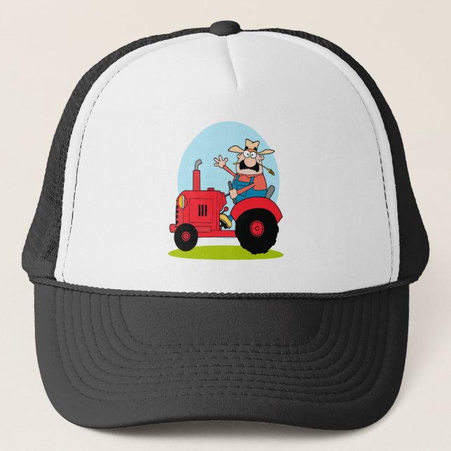 cartoon farmer riding a red tractor trucker hat (Front)