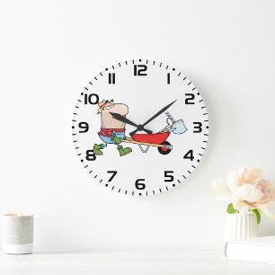 Cartoon Farmer with Wheelbarrow and Tools Large Clock