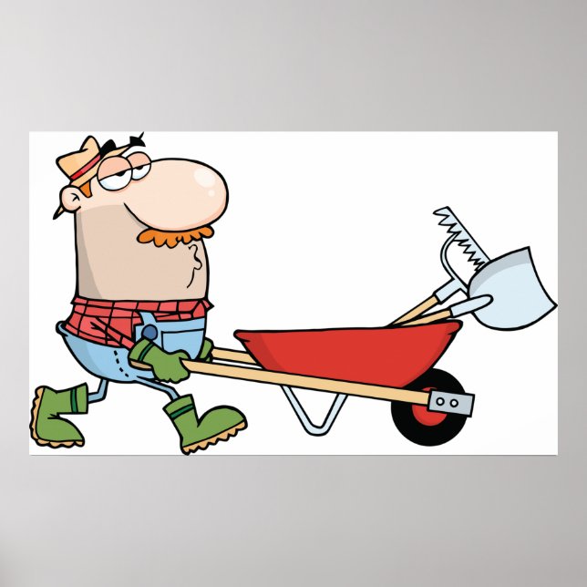 Cartoon Farmer with Wheelbarrow and Tools Poster (Front)