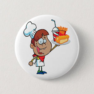 cartoon fast food waiter character 6 cm round badge