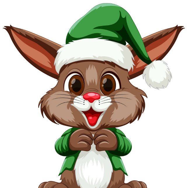 Cartoon Festive Rabbit  Glass Tree Decoration (Cartoon Rabbit Big Brown Eyes and Green Hat with white Fur Christmas Ornament!)