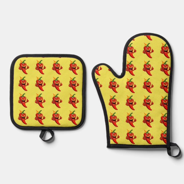 Cartoon Fire Pepper Mascot With Grinning Face Oven Mitt & Pot Holder Set (Front)