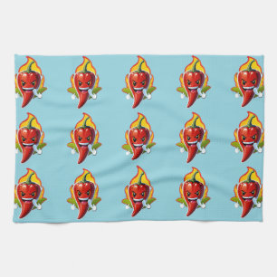 Cartoon Fire Pepper Mascot With Grinning Face Tea Towel