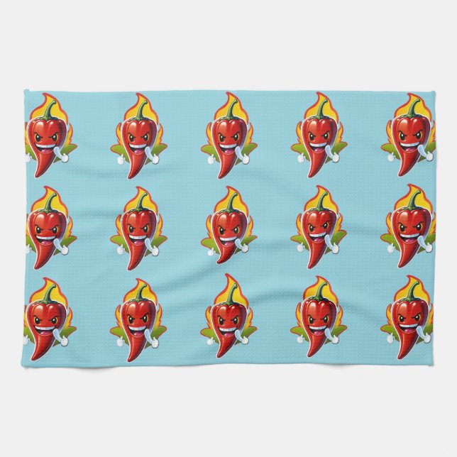 Cartoon Fire Pepper Mascot With Grinning Face Tea Towel (Horizontal)