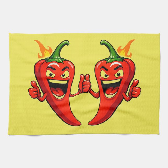 Cartoon Fire Pepper Mascot With Grinning Face Tea Towel (Horizontal)