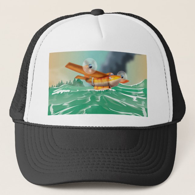Cartoon fire plane collecting water trucker hat (Front)