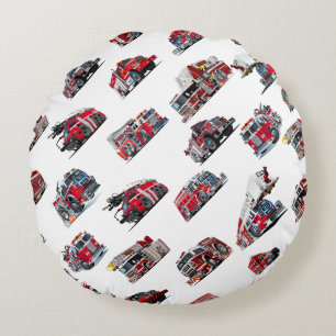 Cartoon Fire Trucks seamless pattern Fabric Round Cushion