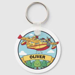 Cartoon Firefighting Plane Badge Key Ring