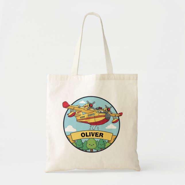 Cartoon Firefighting Plane Badge Tote Bag (Front)