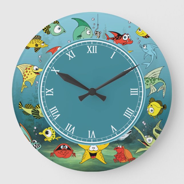 Cartoon Fish Underwater Roman Numbers Large Clock (Front)