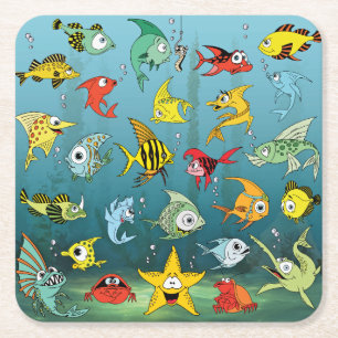 Cartoon Fish Underwater Square Paper Coaster