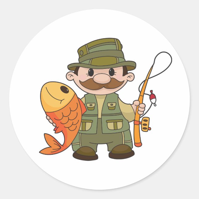 Cartoon Fisherman with Big Catch Funny Fishing  Classic Round Sticker (Front)