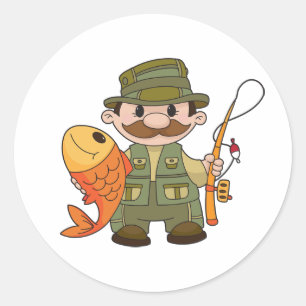 Cartoon Fisherman with Big Catch Funny Fishing  Classic Round Sticker