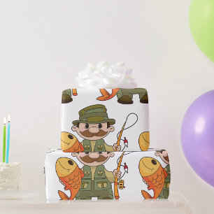 Cartoon Fisherman with Big Catch Funny Fishing  Wrapping Paper