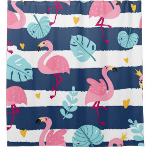 Cartoon Flamingos: Summer Tropical Vintage. Shower Curtain