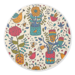 Cartoon floral pattern with birds 2 ceramic knob