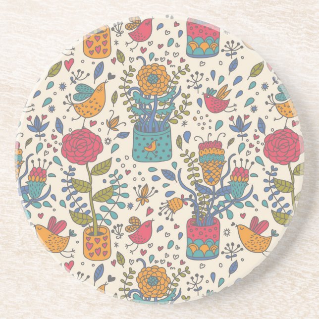 Cartoon floral pattern with birds 2 coaster (Front)