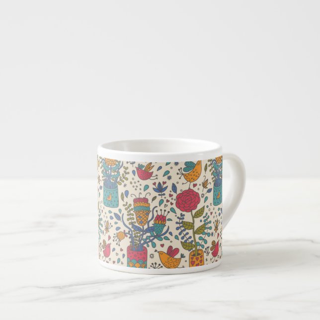 Cartoon floral pattern with birds 2 espresso cup (Front Right)