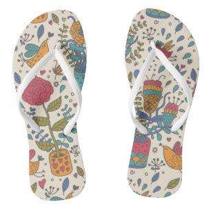 Cartoon floral pattern with birds 2 flip flops