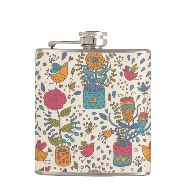 Cartoon floral pattern with birds 2 hip flask (Front)