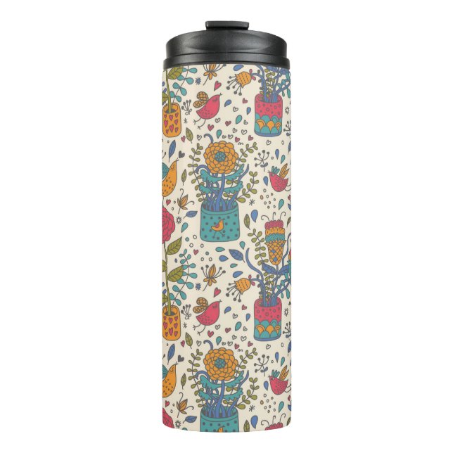 Cartoon floral pattern with birds 2 thermal tumbler (Front)