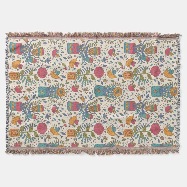 Cartoon floral pattern with birds 2 throw blanket (Front)