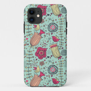 Cartoon floral pattern with birds iPhone 11 case